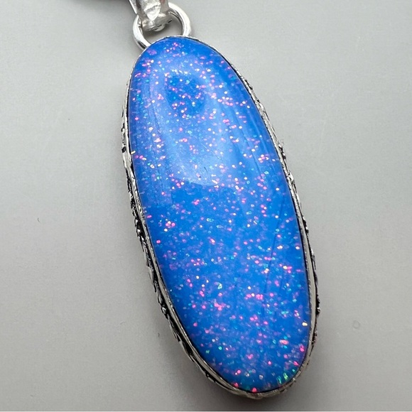 New Milky Glitter Opalite Silver Overlay Pendant Necklace with Cord - Picture 3 of 5